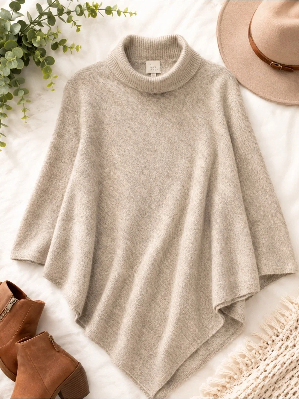 Neutral Turtleneck Poncho Cape - Beige